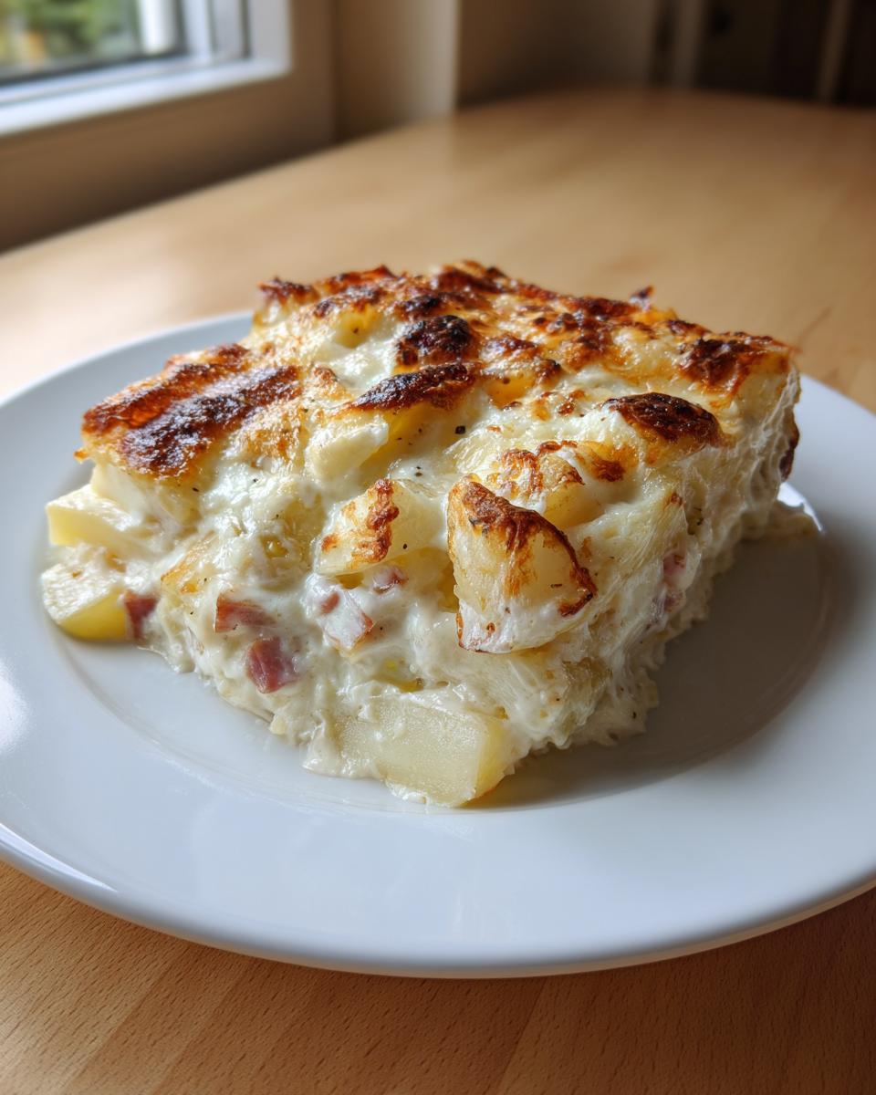 Ein Stück cremiger Spargelauflauf mit Kartoffeln und Schinken mit goldbraun überbackener Käsekruste.