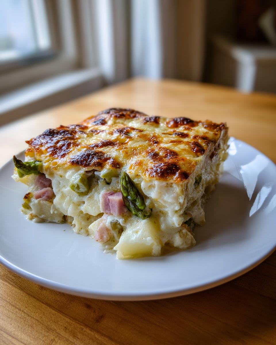 Ein Stück cremiger Spargelauflauf mit Kartoffeln und Schinken mit goldbraun überbackener Käsekruste.