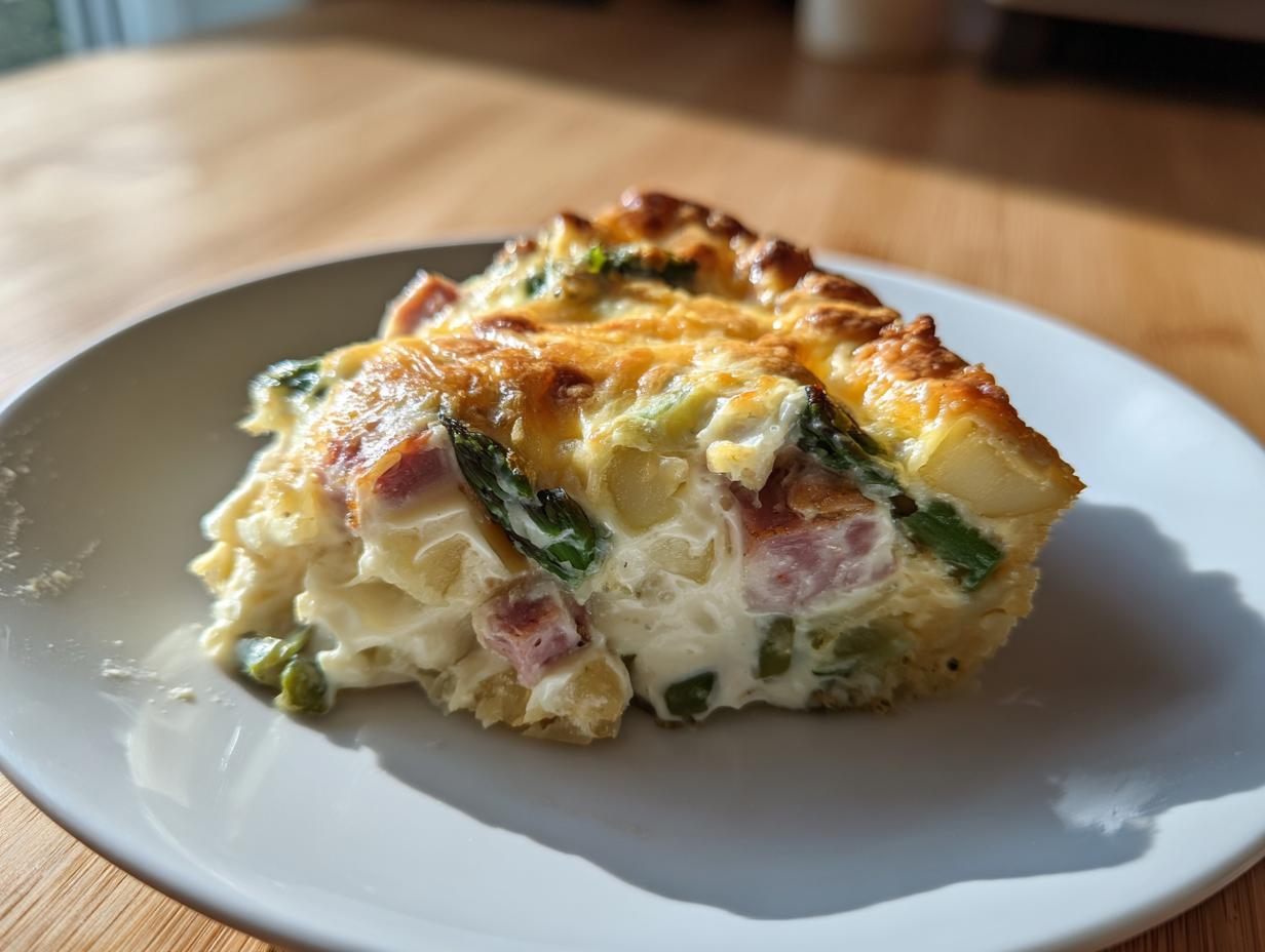 Ein Stück cremiger Spargelauflauf mit Kartoffeln und Schinken auf einem weißen Teller, goldbraun überbacken.