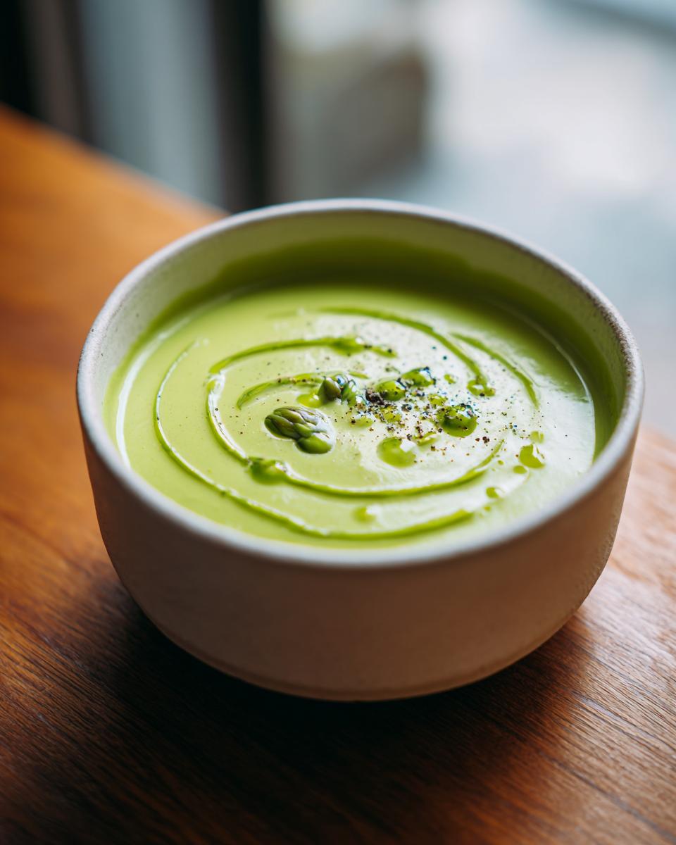 Nahaufnahme einer cremigen, leuchtend grünen Spargelcremesuppe aus Spargelschalen, garniert mit Öl und Spargelspitzen.