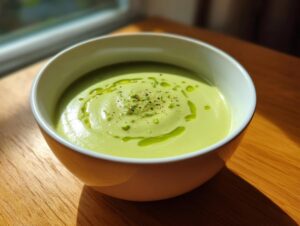 Eine Schüssel leuchtend grüner Spargelcremesuppe aus Spargelschalen, garniert mit Öl und Pfeffer.
