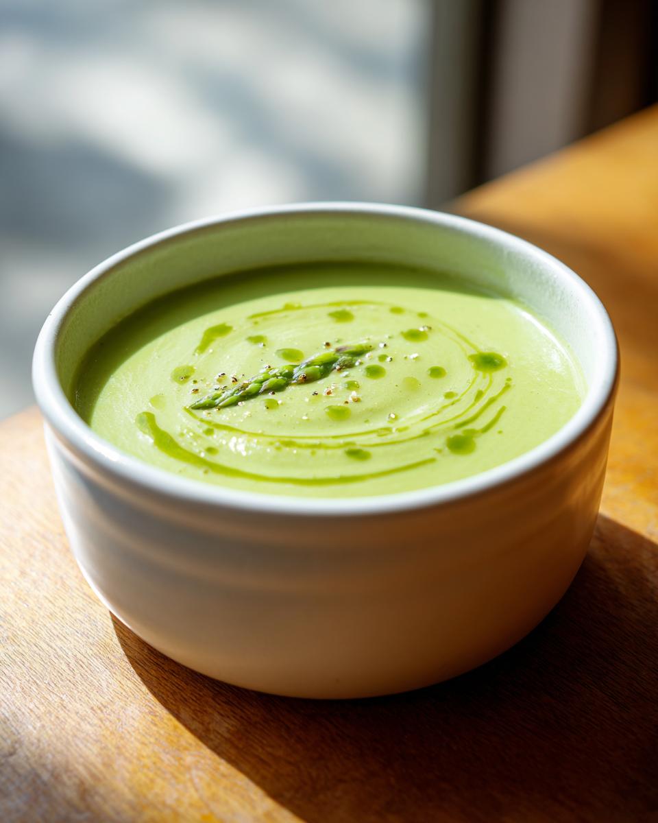 Eine Schüssel mit cremiger, grüner Spargelcremesuppe aus Spargelschalen, garniert mit einem Spargelspross und Öl.
