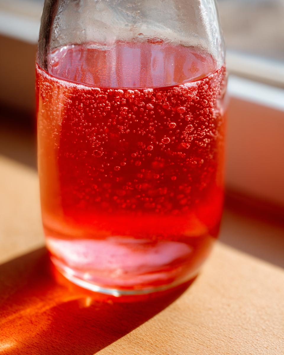Nahaufnahme von leuchtend rotem Rhabarbersirup mit vielen kleinen Bläschen in einer Glasflasche.
