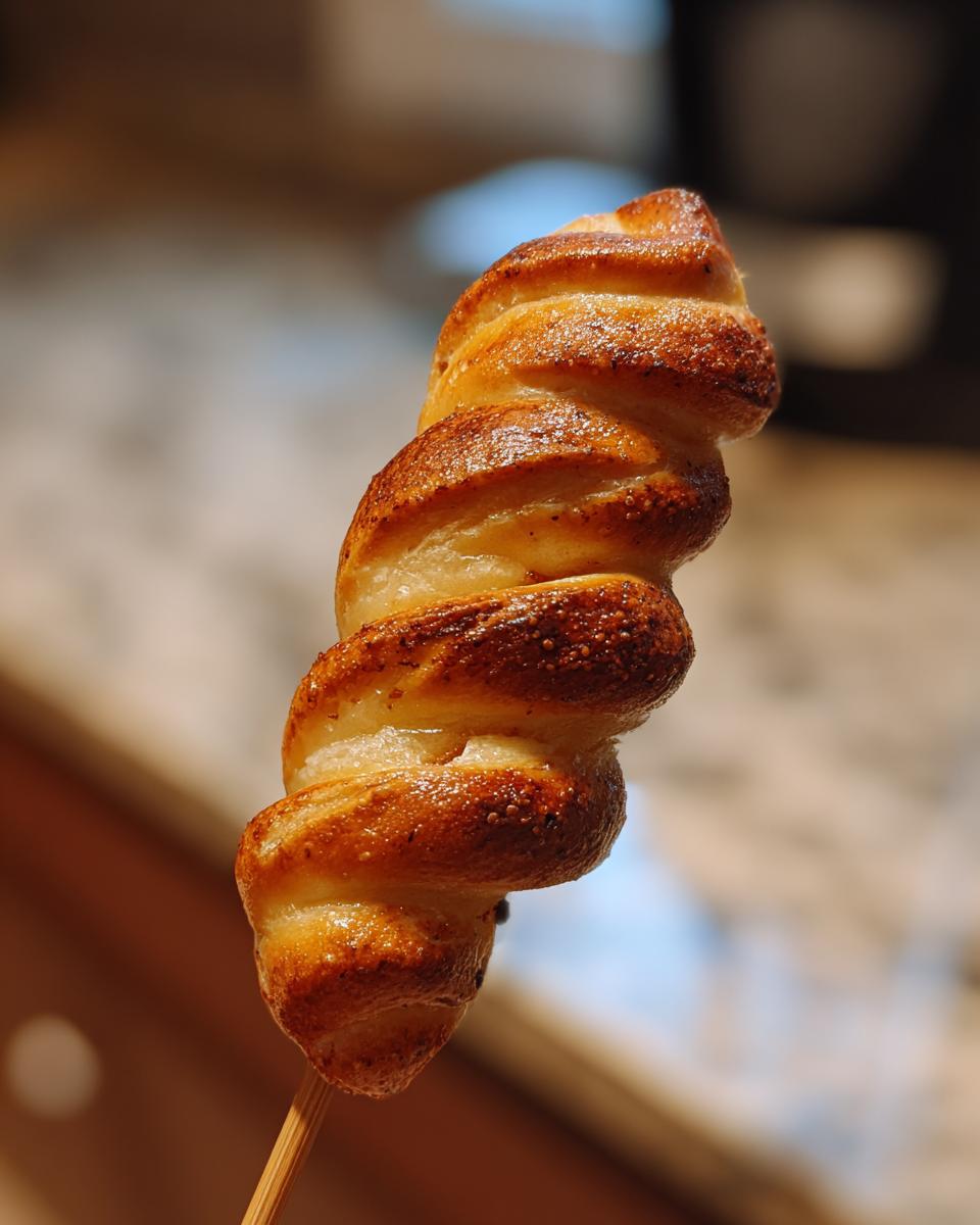 Nahaufnahme eines goldbraun gebackenen Stockbrots vom Lagerfeuer, spiralförmig um einen Holzstab gewickelt.