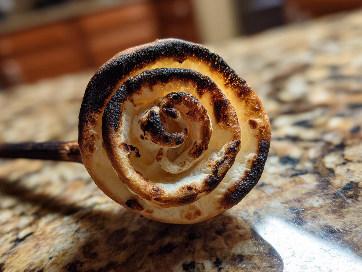 Nahaufnahme eines spiralig gewickelten Stockbrot vom Lagerfeuer, das leicht gebräunt und an den Rändern verkohlt ist.