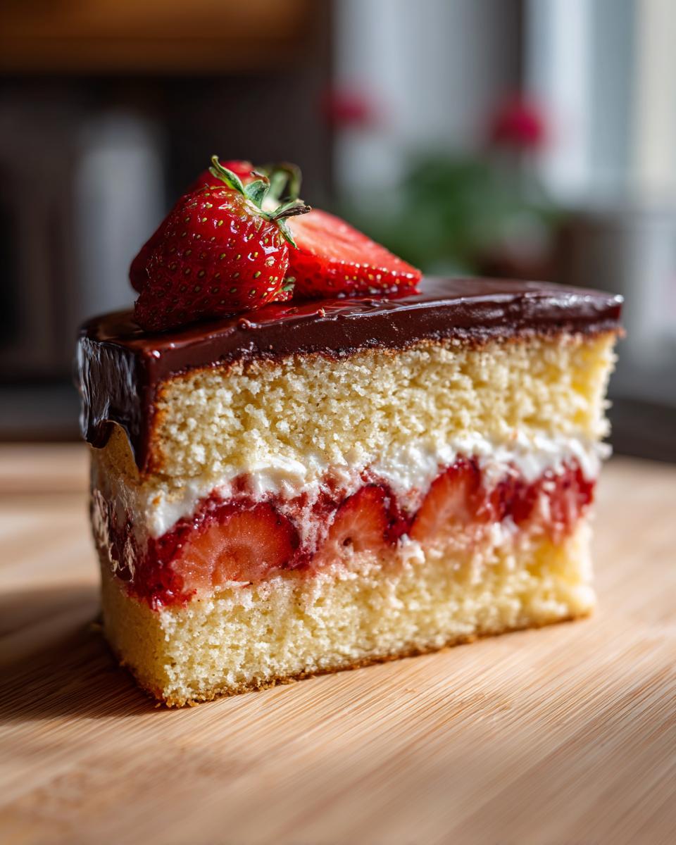 Nahaufnahme eines Kuchenschnitts der Erdbeer-Donauwelle mit hellem Biskuit, Sahne und Erdbeeren, bedeckt mit dunkler Schokoladenglasur.
