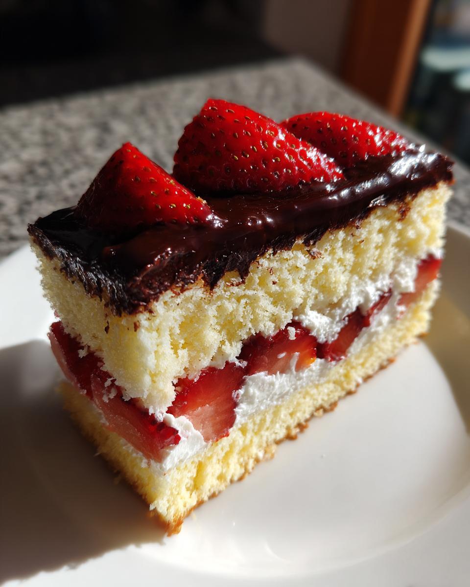 Ein Stück Erdbeer-Donauwelle Kuchen mit Sahne, Erdbeeren und dunkler Schokoladenglasur auf einem weißen Teller.