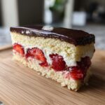Ein Anschnittstück des köstlichen Erdbeer-Donauwelle Kuchens mit Sahne und frischen Erdbeeren.
