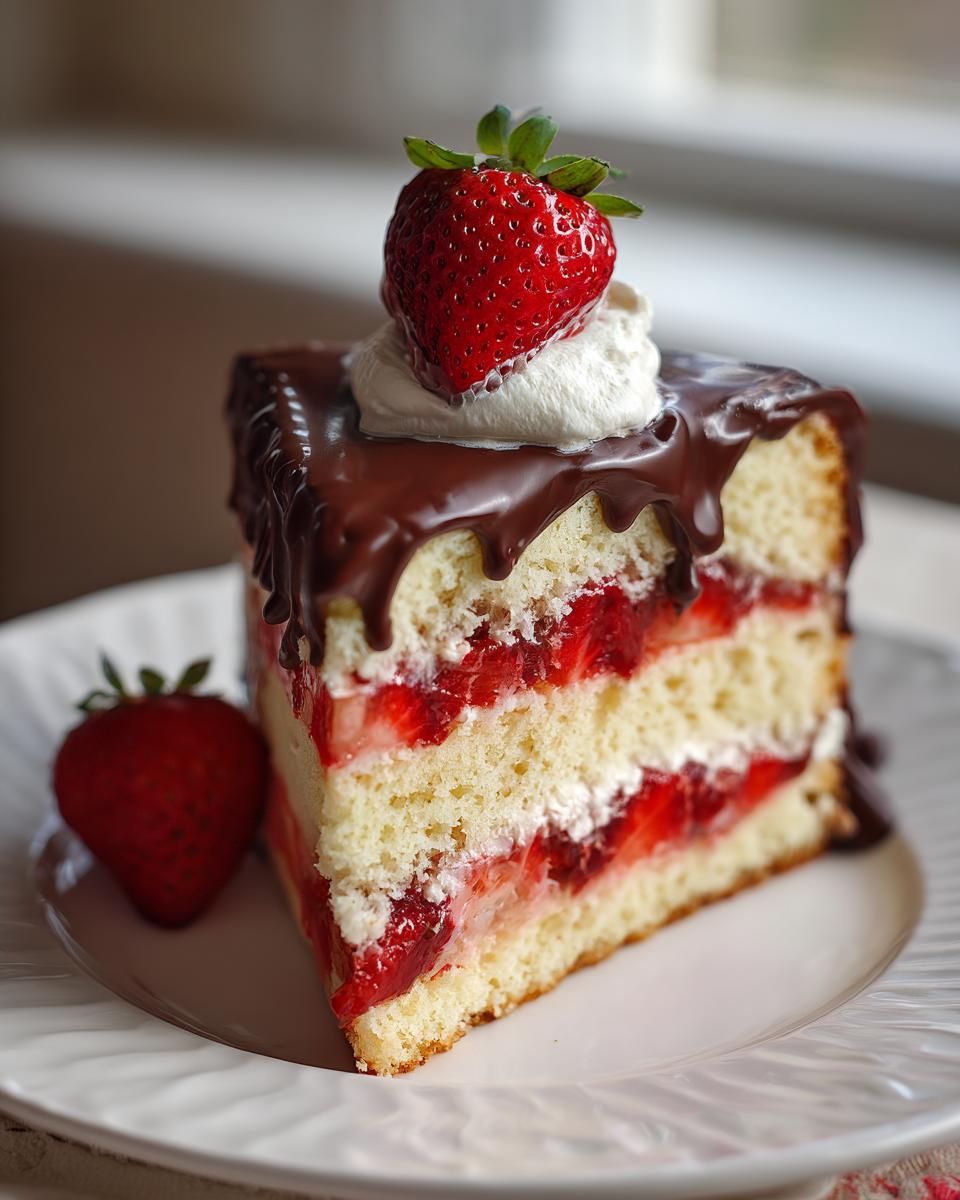 Ein saftiges Stück Erdbeer-Donauwelle mit Schichten aus hellem Biskuit, Erdbeeren und Sahne, gekrönt von Schokoglasur und einer frischen Erdbeere.