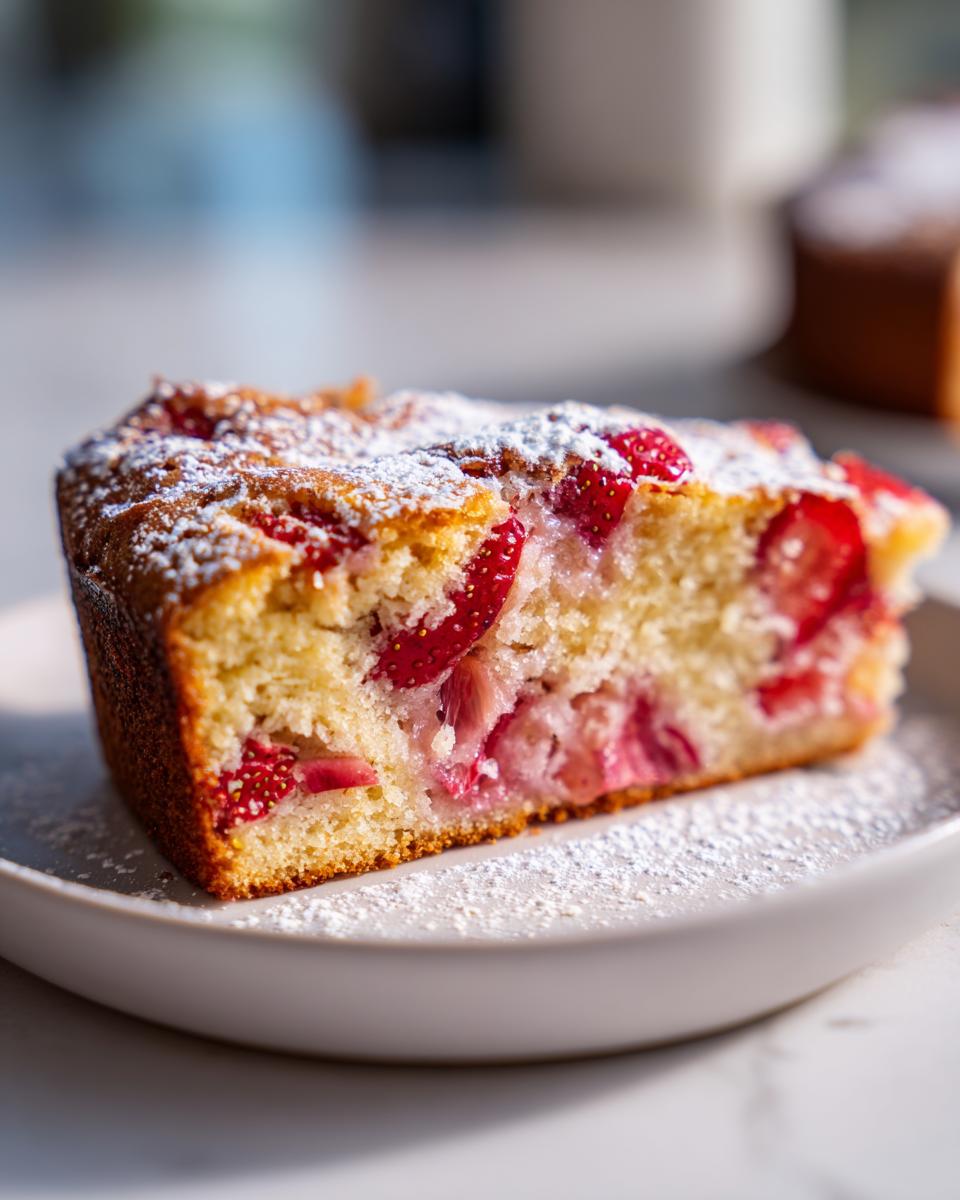 Nahaufnahme eines saftigen Stücks Erdbeer Rhabarber Kuchen mit Joghurt, bestäubt mit Puderzucker.