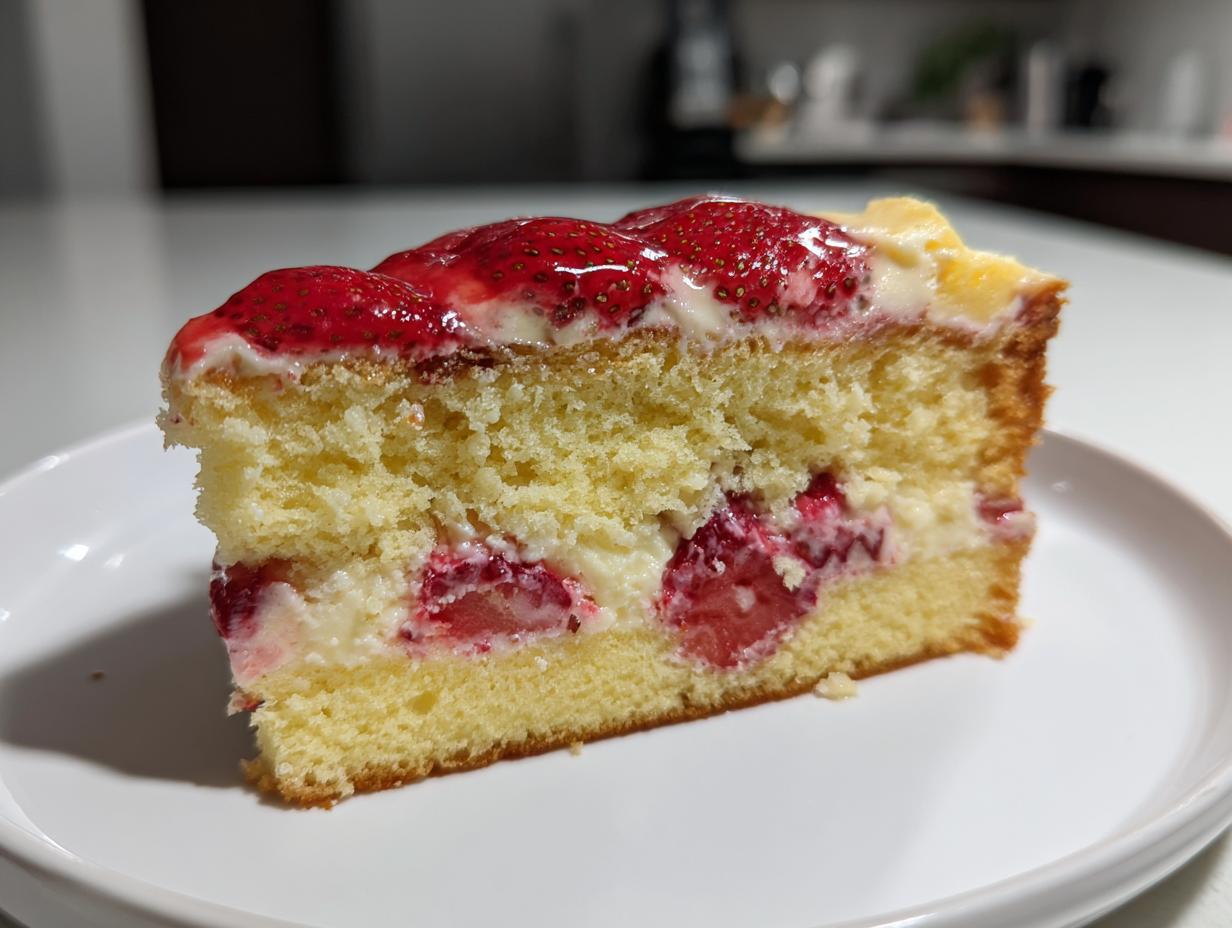 Ein großes Stück Erdbeertorte mit Biskuitboden, Sahne und Erdbeeren auf einem weißen Teller.