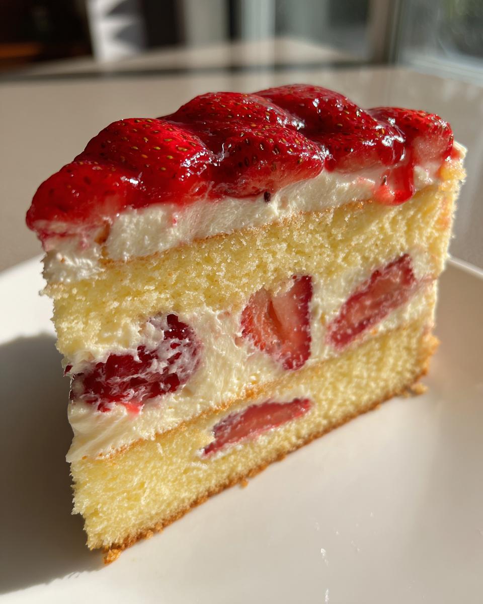 Nahaufnahme eines köstlichen Stücks Erdbeertorte mit Biskuitboden, Sahne und glasierten Erdbeeren.