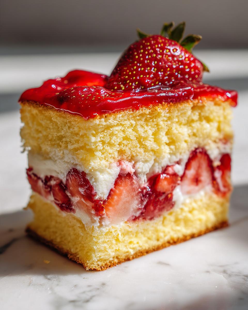 Nahaufnahme eines saftigen Stücks Erdbeertorte mit Biskuitboden, Sahne und frischen Erdbeeren.