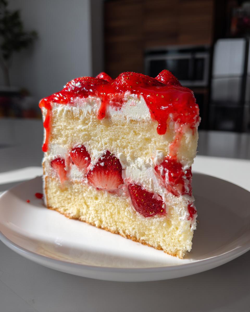 Ein saftiges Stück Erdbeertorte mit Biskuitboden, Sahnefüllung und frischen Erdbeeren unter rotem Guss.