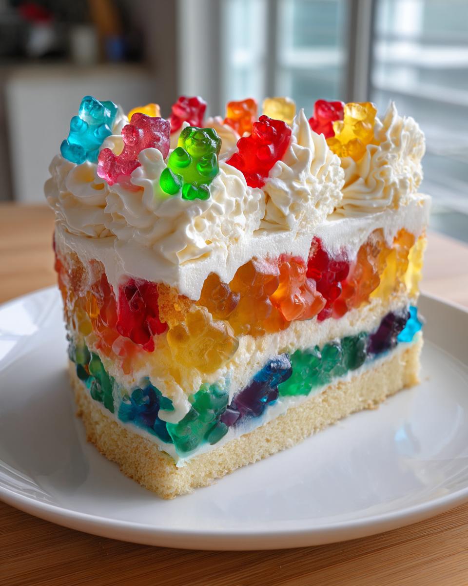 Ein anschauliches Stück Gummibärchen-Torte mit Regenbogen-Gelee und Sahnetupfern auf einem weißen Teller.