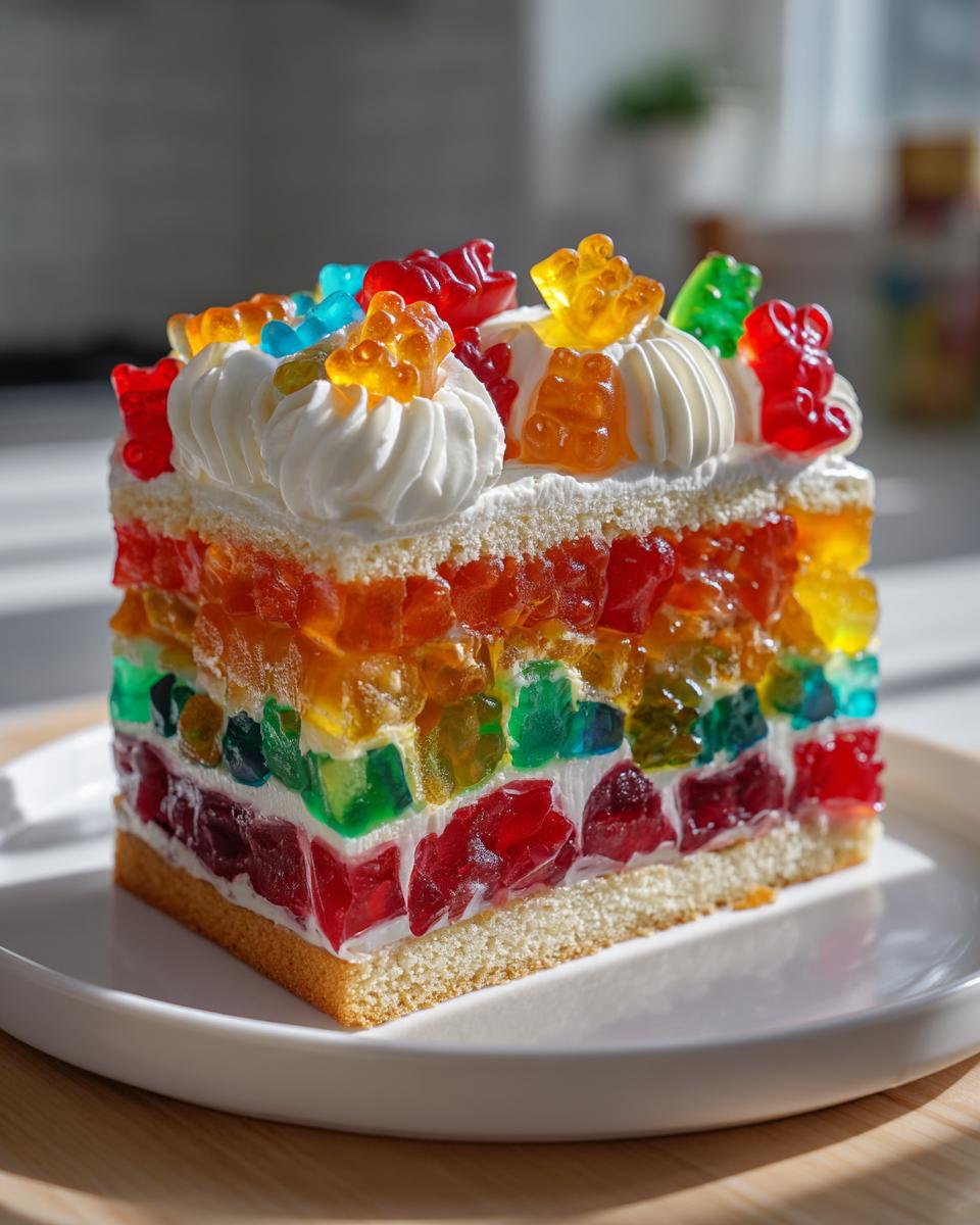 Ein Stück regenbogenfarbige Gummibärchen-Torte mit Schichten aus Götterspeise und Sahnetupfern.