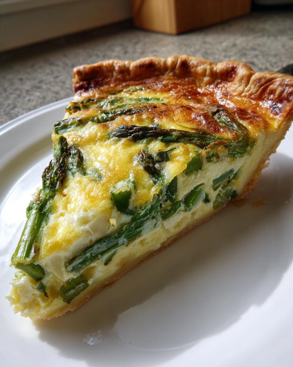 Ein großes Stück Knusprige Spargelquiche mit viel grünem Spargel auf einem weißen Teller.