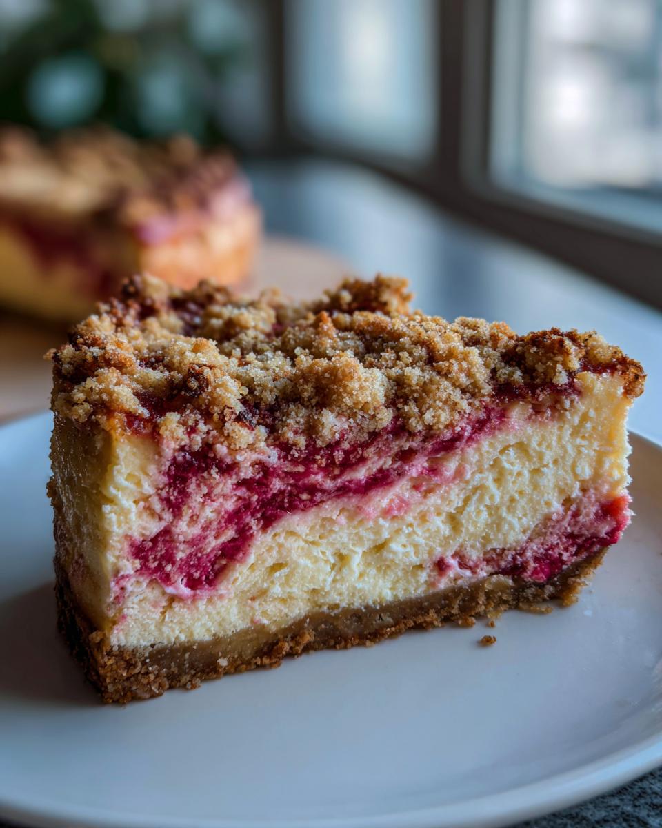 Nahaufnahme eines cremigen Stücks Rhabarber-Cheesecake mit einem dicken Streuselbelag auf einem weißen Teller.