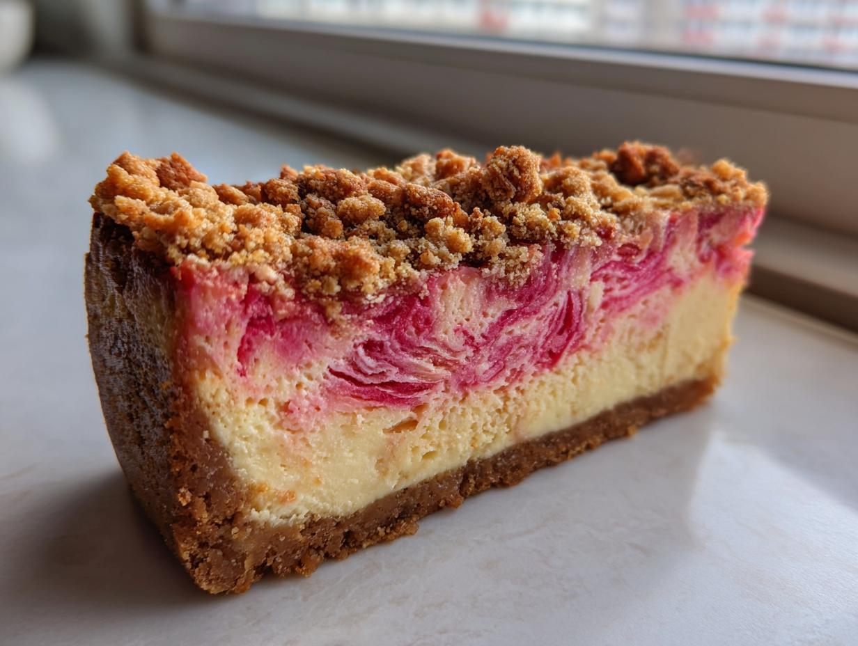 Ein Stück Rhabarber-Cheesecake mit einem knusprigen Keksboden, cremiger Füllung und rosa Rhabarber-Marmorierung.