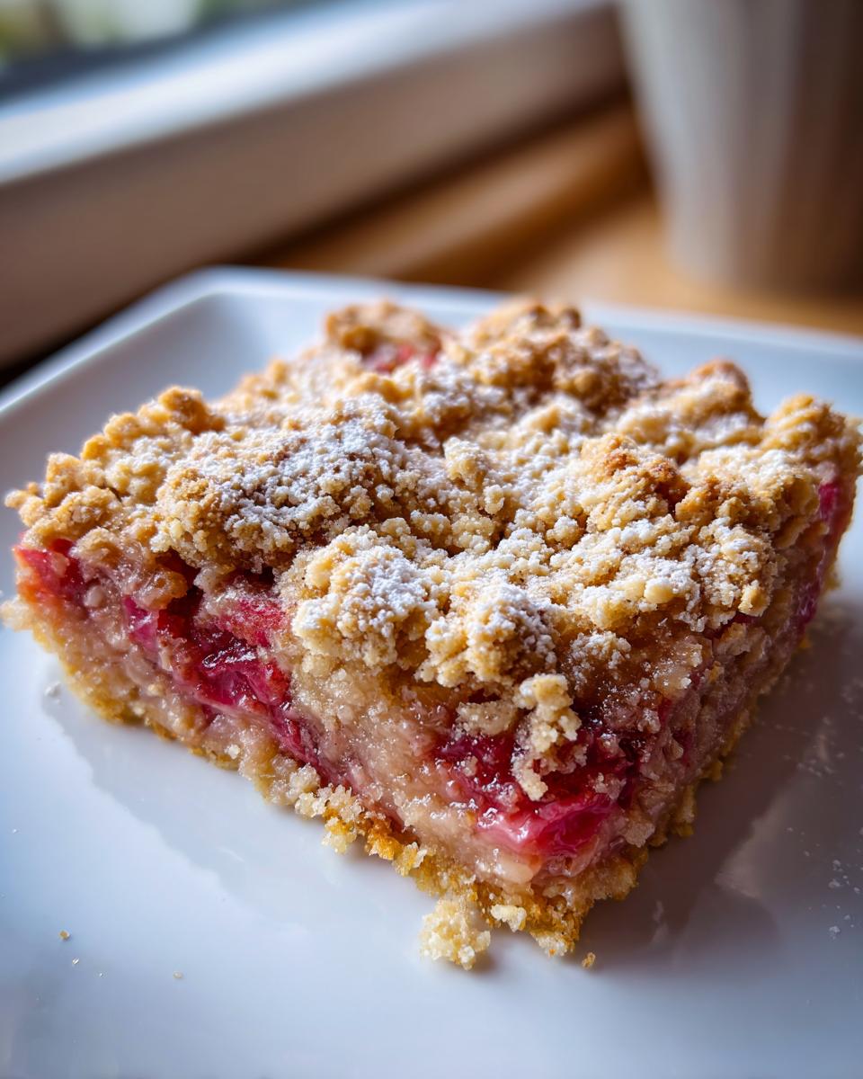 Nahaufnahme eines Stücks Rhabarber-Crumble mit knuspriger Streuseldecke auf einem weißen Teller.