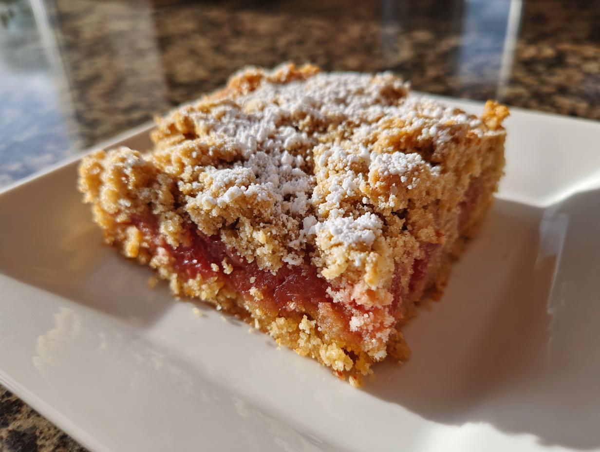 Ein Stück saftiger Rhabarber-Crumble mit knuspriger Streuseldecke und Puderzucker.