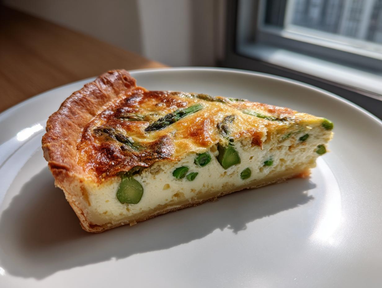Ein Stück cremige Spargel-Quiche mit grünem Spargel auf einem weißen Teller, im Sonnenlicht.