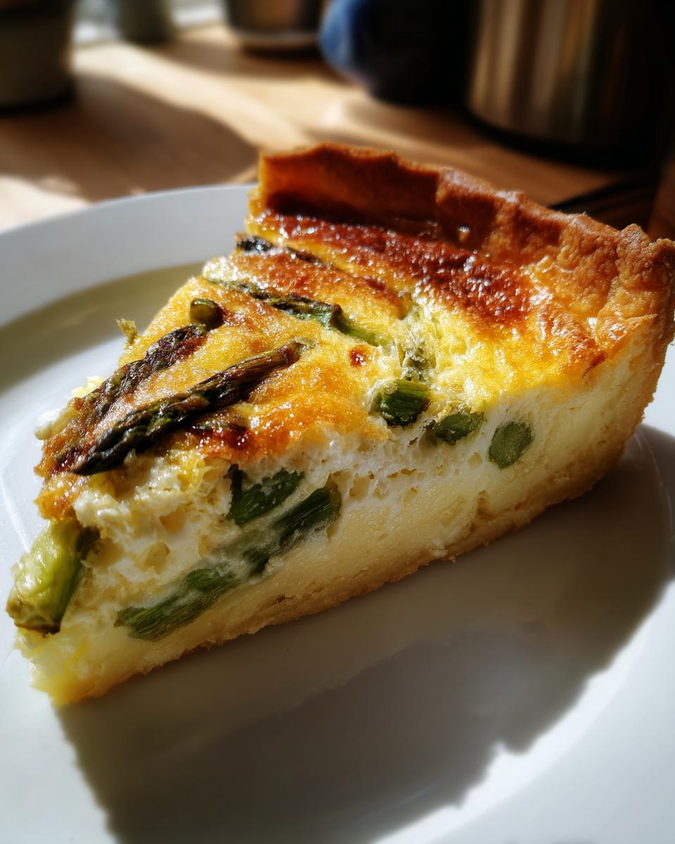 Nahaufnahme eines Stücks Spargel-Quiche auf einem weißen Teller mit sichtbaren grünen Spargelstücken.