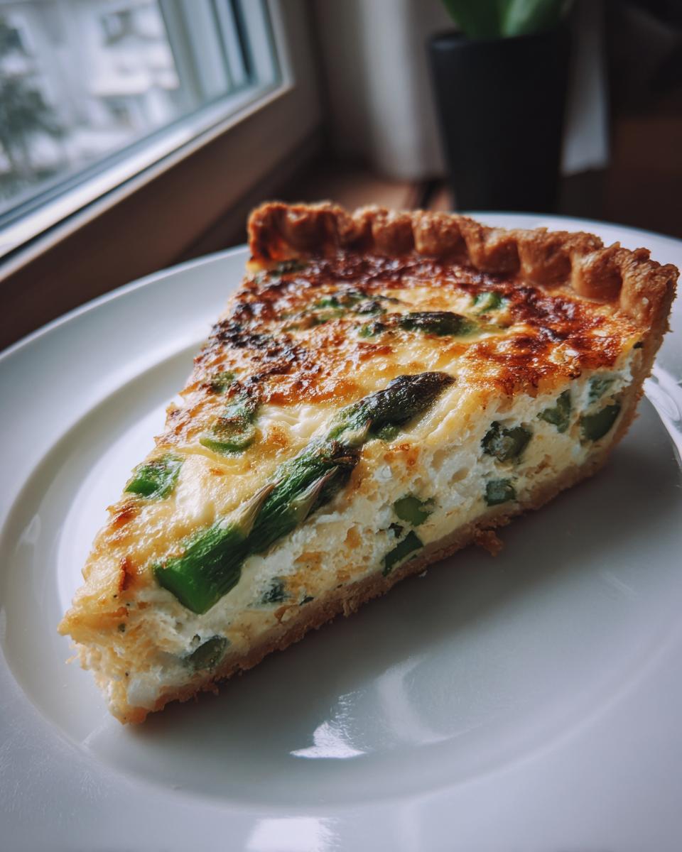 Ein Stück goldbraun gebackene Spargel-Quiche mit grünem Spargel auf einem weißen Teller.