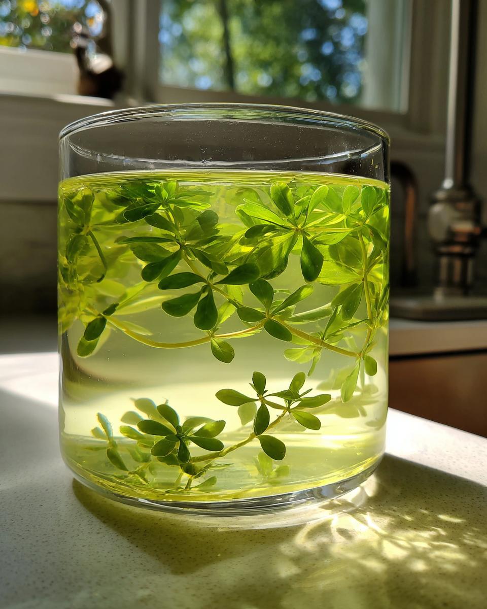 Nahaufnahme von Waldmeisterzweigen, die in einer hellgelben Flüssigkeit in einem Glas für die Klassische Maibowle ziehen.