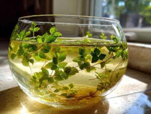 Nahaufnahme einer Glasschale gefüllt mit Flüssigkeit und frischem Waldmeister für die Klassische Maibowle.