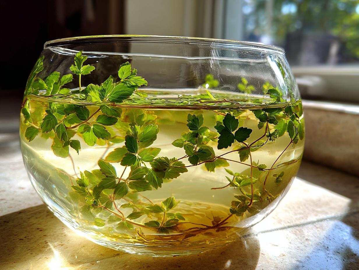 Nahaufnahme einer Glasschale gefüllt mit Flüssigkeit und frischem Waldmeister für die Klassische Maibowle.