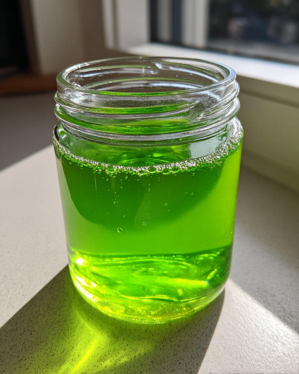 Ein Glas mit leuchtend grünem Waldmeistergelee mit Apfelsaft, das im Sonnenlicht steht und Bläschen aufweist.
