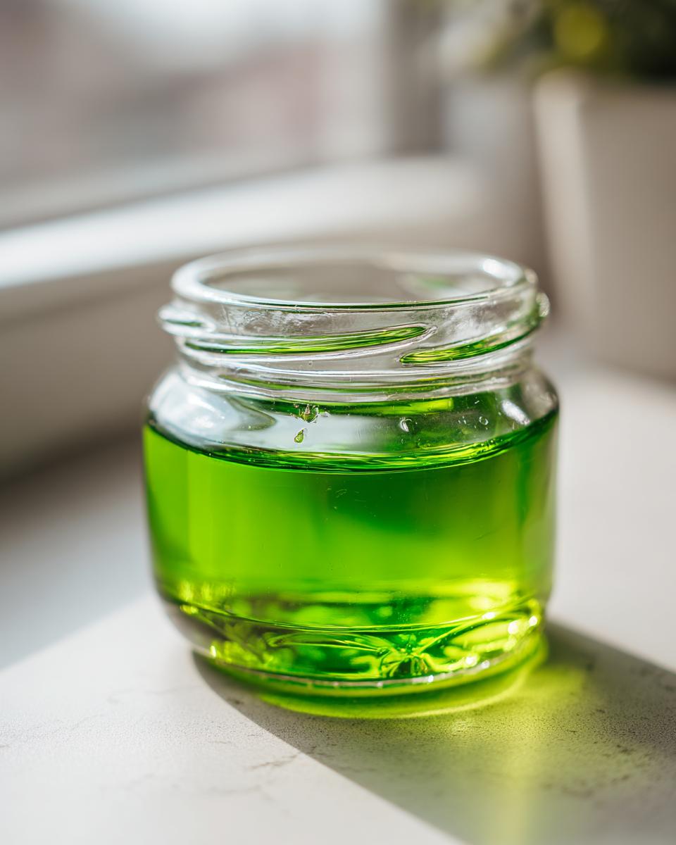 Nahaufnahme eines kleinen Glases mit leuchtend grünem Waldmeistergelee mit Apfelsaft.