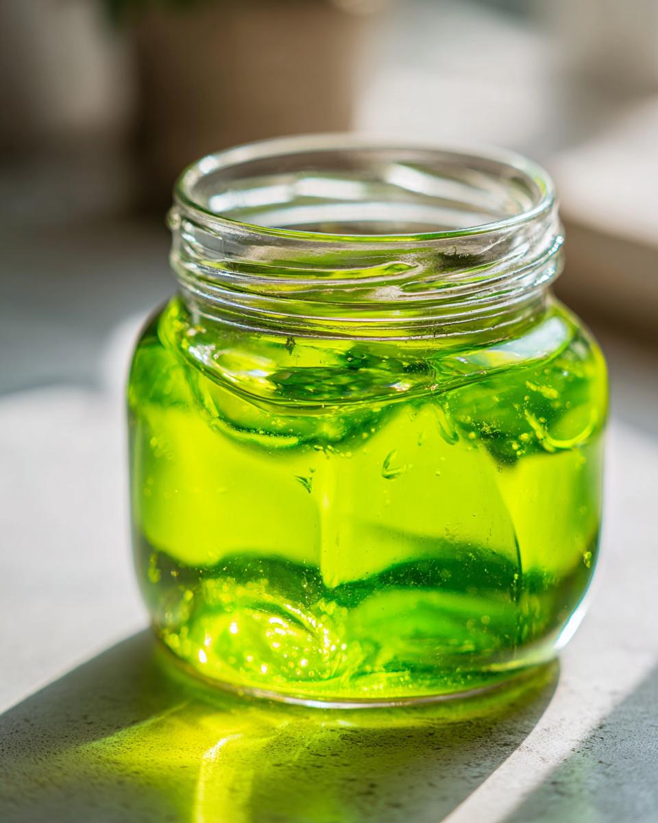 Nahaufnahme von leuchtend grünem Waldmeistergelee mit Apfelsaft in einem kleinen Glas.