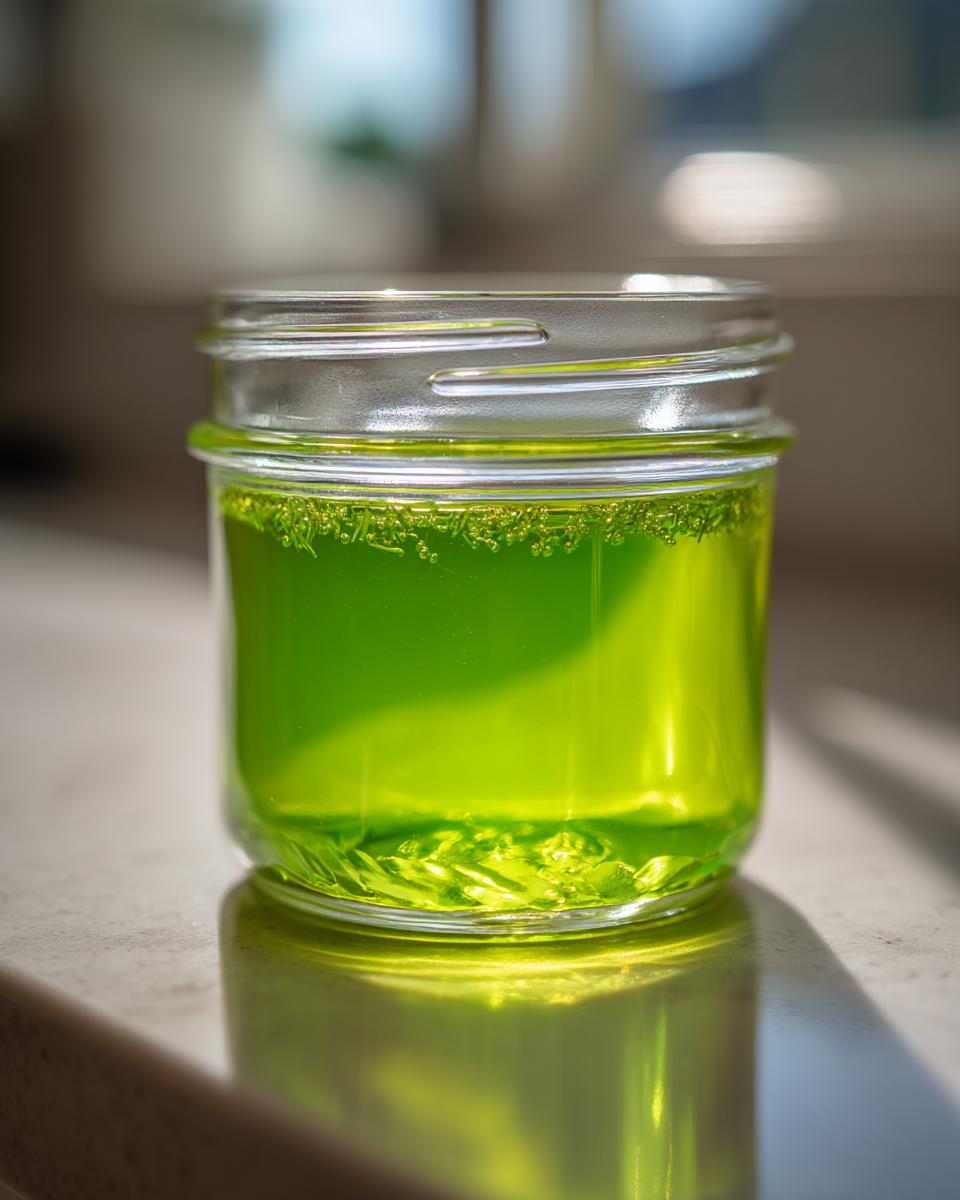 Nahaufnahme von leuchtend grünem Waldmeistergelee mit Apfelsaft in einem kleinen Glas.