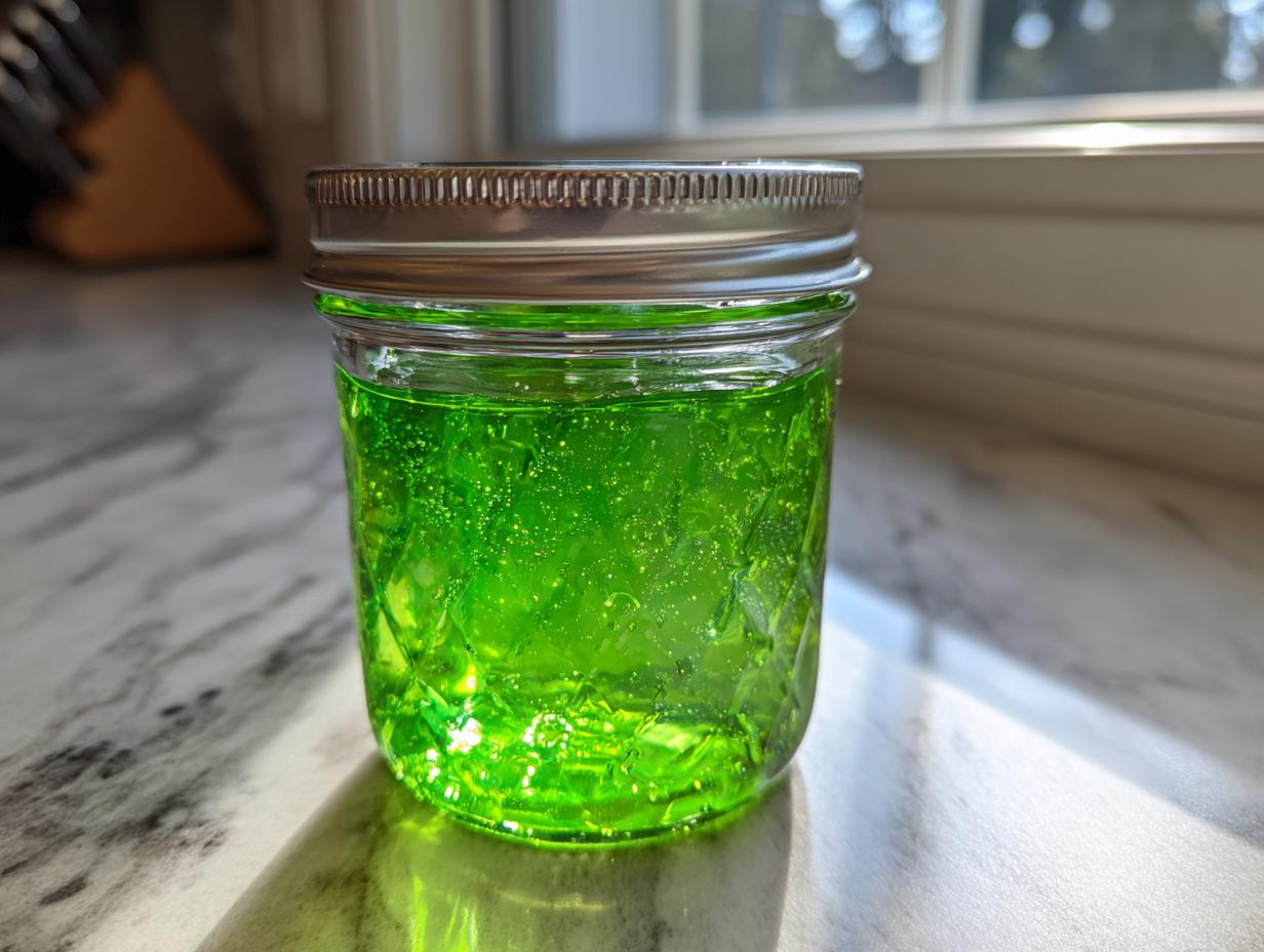 Ein Glas mit leuchtend grünem Waldmeistergelee mit Apfelsaft, verschlossen mit einem silbernen Deckel.