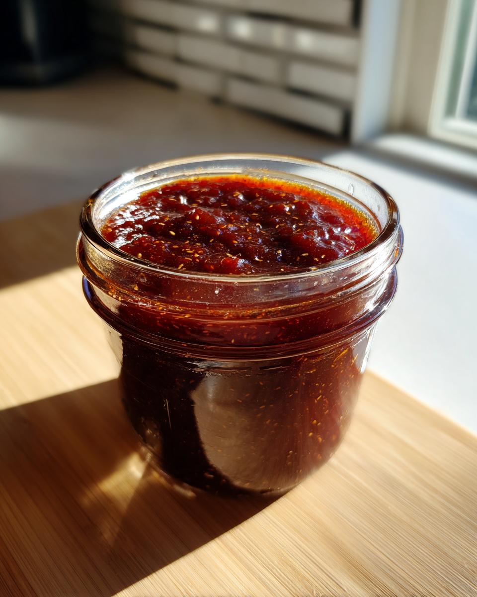 Nahaufnahme einer selbstgemachten, dunklen Whiskey-BBQ-Sauce in einem Einmachglas auf einem Holzbrett.