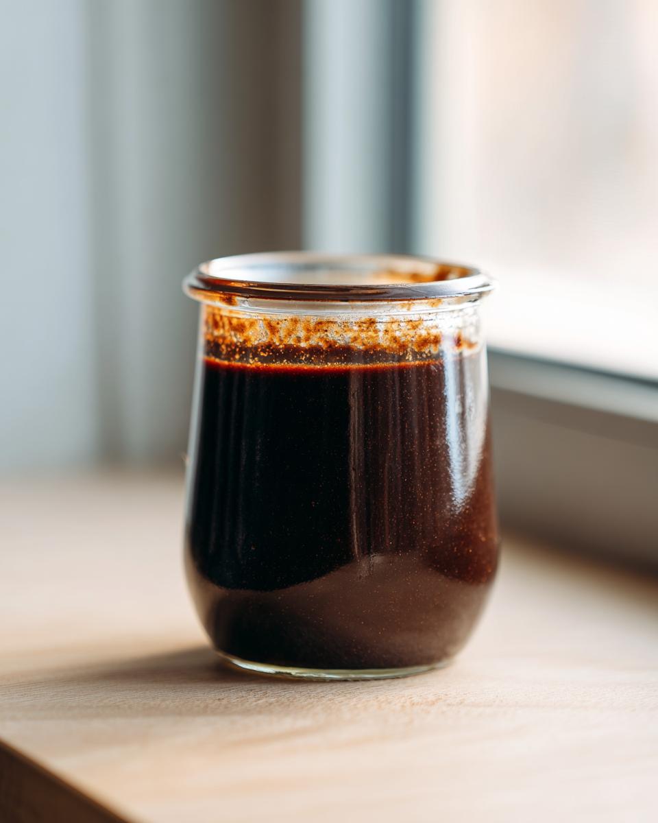 Dunkle, glänzende Whiskey-BBQ-Sauce in einem kleinen Glas, das auf einer hellen Holzoberfläche steht.
