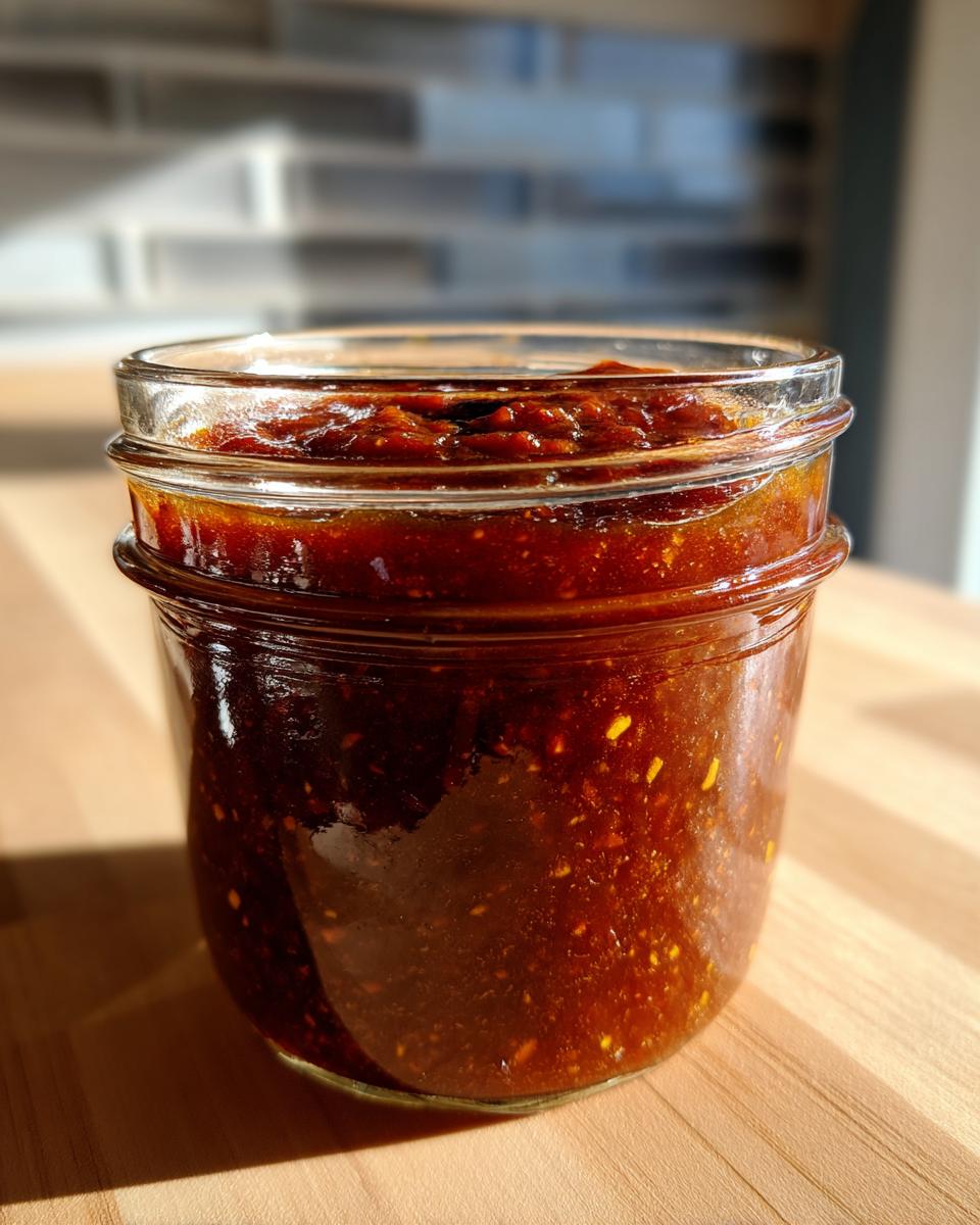 Nahaufnahme einer selbstgemachten Whiskey-BBQ-Sauce in einem Einmachglas, dunkelrot und glänzend.