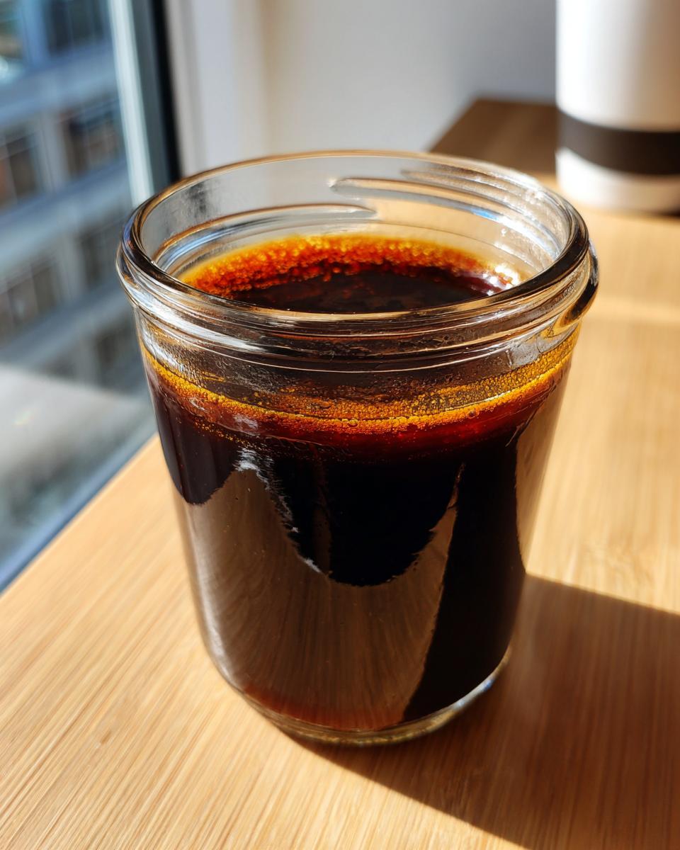Dunkle, glänzende Whiskey-BBQ-Sauce in einem kleinen Glas, beleuchtet von Sonnenlicht.
