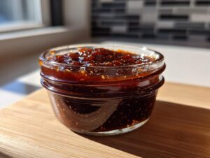 Nahaufnahme einer selbstgemachten, dunklen Whiskey-BBQ-Sauce in einem kleinen Glas auf einem Holzbrett.