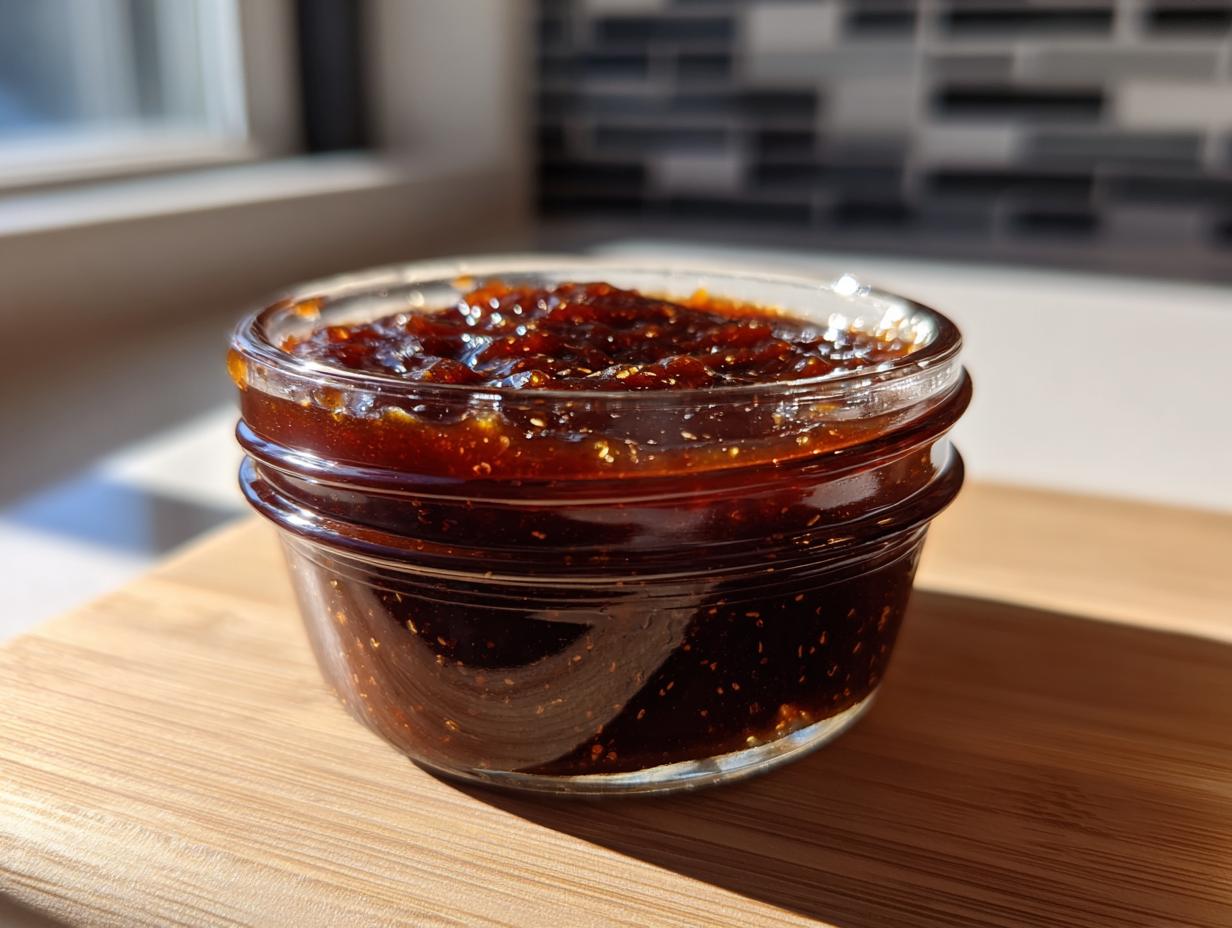 Nahaufnahme einer selbstgemachten, dunklen Whiskey-BBQ-Sauce in einem kleinen Glas auf einem Holzbrett.