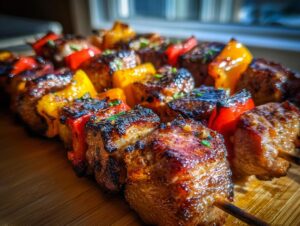 Nahaufnahme von saftigem, gegrilltem Schaschlik mit roten und gelben Paprikastücken auf Holzspießen.